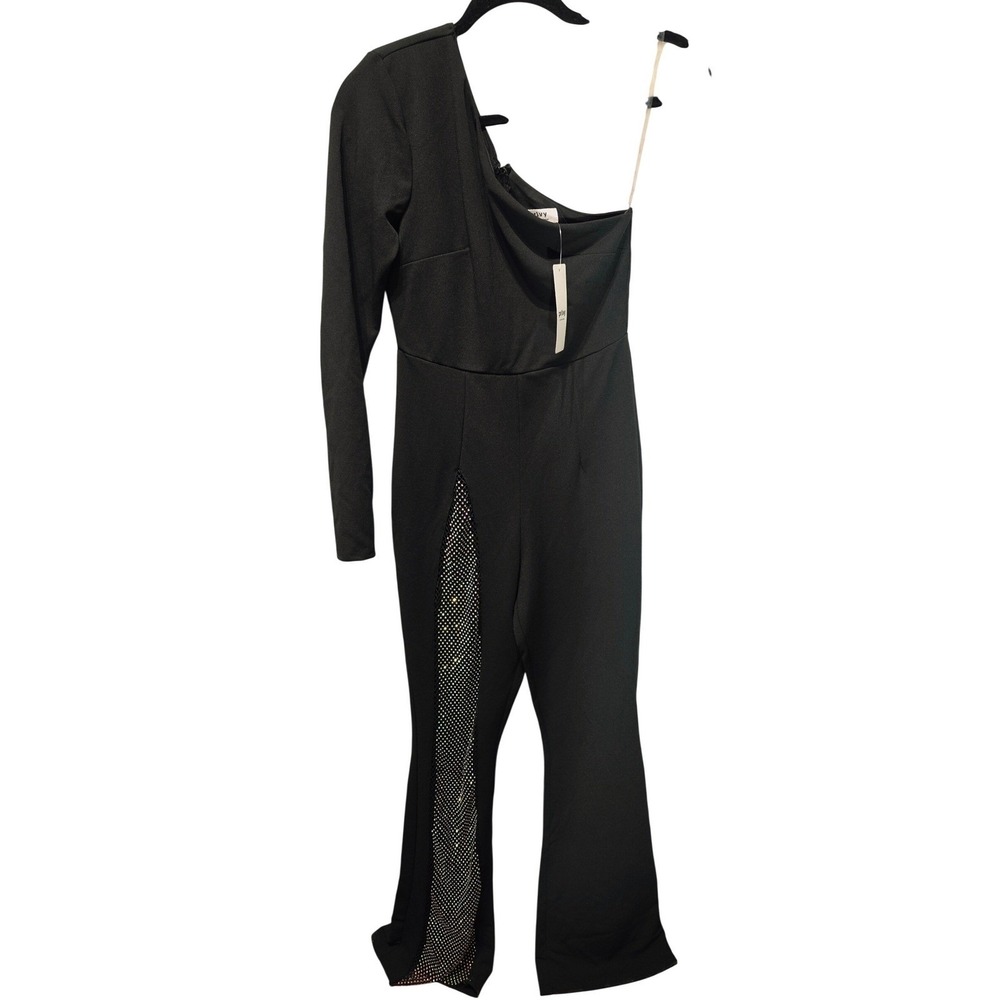 Privy Womens Black One Shoulder Rhinestone Mesh Cutout Jumpsuit Size S NWT